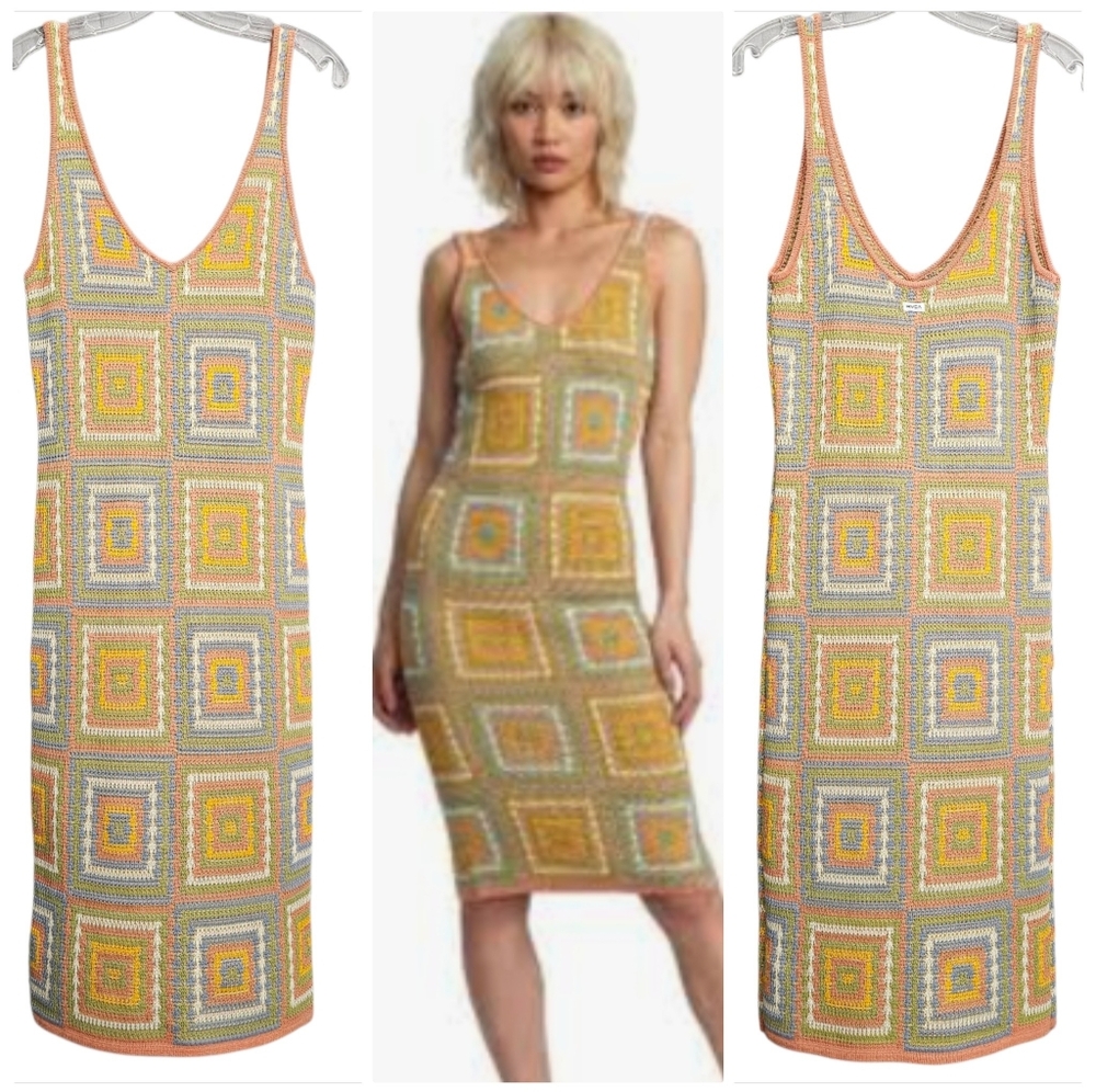 RVCA Crochet Knit Peach,Green,Creme,Blue Sleeveless Soft V Neck Midi Dress